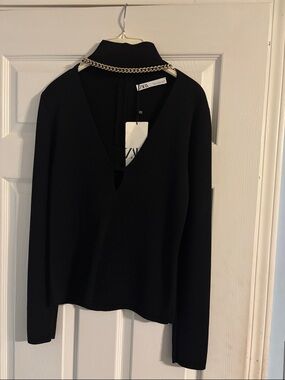 Zara Black V-Neck Sweater with Gold Chain Collar